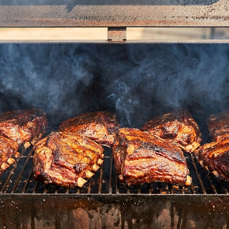 Smoky, barbecued ribs cooking on a grill, with several racks visible and smoke rising.