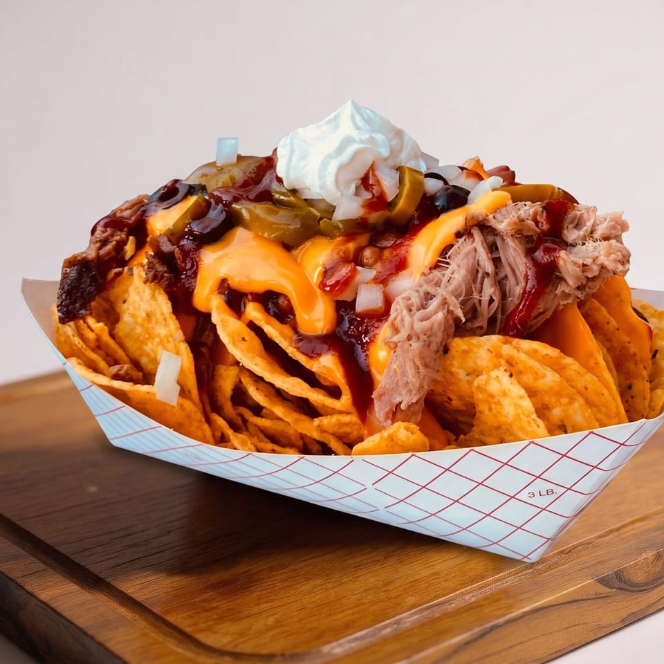 Loaded nachos topped with pulled meat, melted cheese, beans, olives, onions, peppers, salsa, and sour cream in a paper tray.