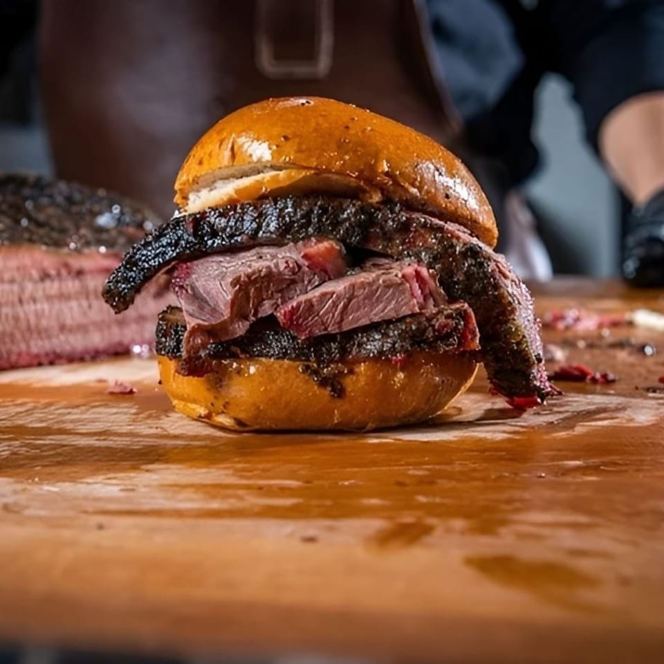 Gourmet brisket sandwich on a glossy bun, with sliced smoked meat on a wooden butcher-block table.