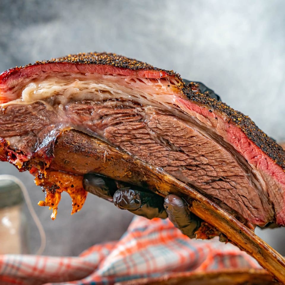A hand in a black glove holds up a large, juicy smoked beef rib with a prominent smoke ring.