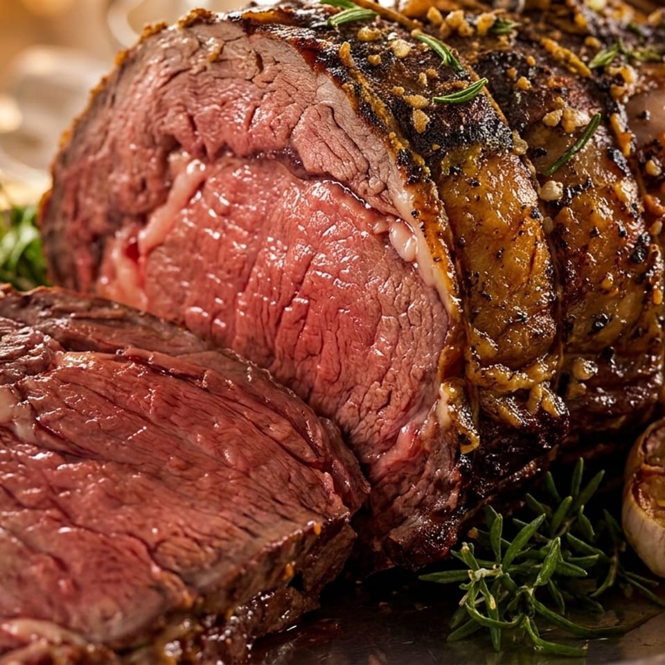 A perfectly cooked prime rib roast, sliced to reveal its juicy, medium-rare interior, garnished with rosemary and roasted garlic.
